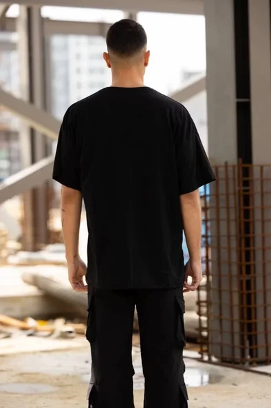 Unisex Bisiklet Yaka Baskılı Oversize T-Shirt - Siyah - 2