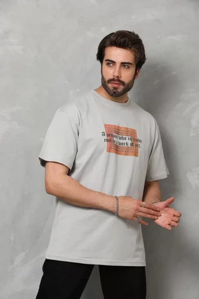Unisex Bisiklet Yaka Baskılı Oversize T-Shirt - Gri - 4