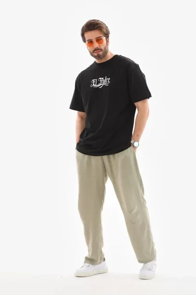 Unisex Bisiklet Yaka Baskılı Oversize T-Shirt - Siyah - 3