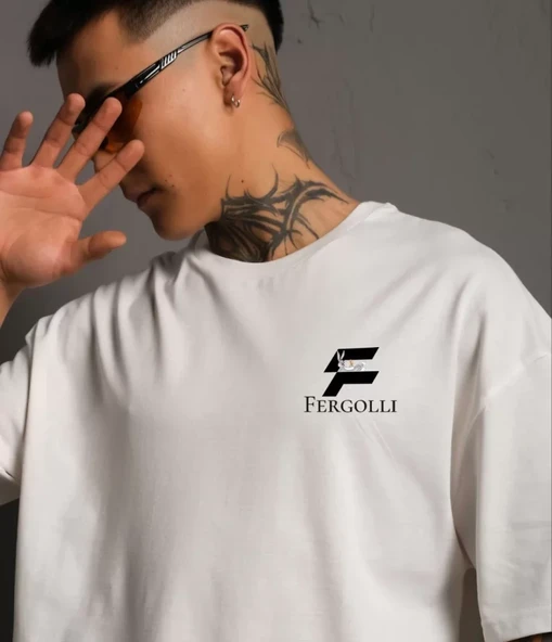Unisex Bisiklet Yaka Baskılı Oversize T-Shirt - Beyaz - 2
