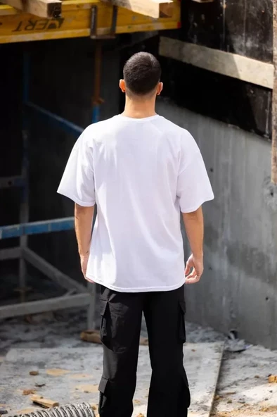 Unisex Bisiklet Yaka Baskılı Oversize T-Shirt - Beyaz - 2