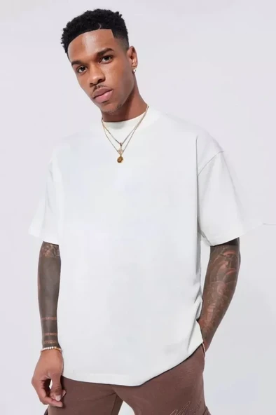 Unisex Basic Bisiklet Yaka Oversize T-Shirt - Beyaz - 1