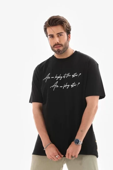 Unisex Bisiklet Yaka Baskılı Oversize T-Shirt - Siyah - 2