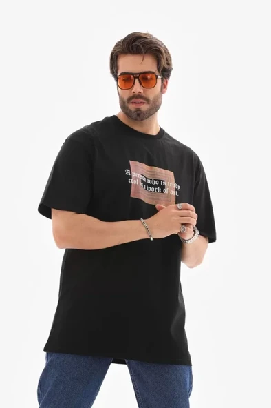 Unisex Bisiklet Yaka Baskılı Oversize T-Shirt - Siyah - 2