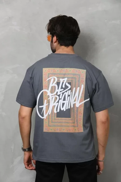 Unisex Bisiklet Yaka Baskılı Oversize T-Shirt - Füme - 2