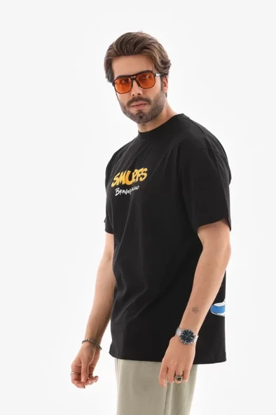Unisex Bisiklet Yaka Baskılı Oversize T-Shirt - Siyah - 4