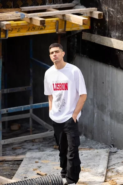 Unisex Bisiklet Yaka Baskılı Oversize T-Shirt - Beyaz - 4