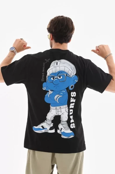 Unisex Bisiklet Yaka Baskılı Oversize T-Shirt - Siyah - 2
