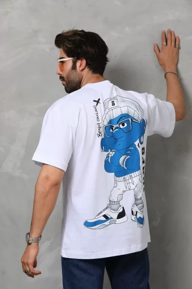 Unisex Bisiklet Yaka Baskılı Oversize T-Shirt - Beyaz - 3