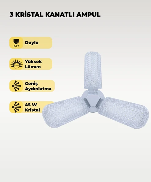 45W Kristal 3 Kanatlı Pervane Ampul 6500K Beyaz Işık
