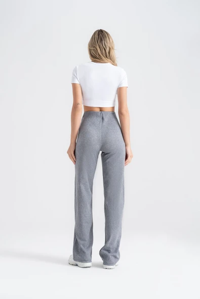 Kadın Boru Paça Tayt Gri Denim Görünümlü, Slim Fit Günlük Şıklık - 8
