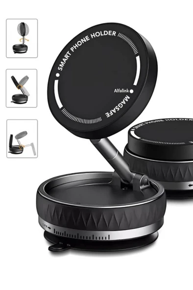 Alfalink K10B Siyah Vacum Katlanır Araç Telefon Tutucu - Ayna-Cam MagSafe