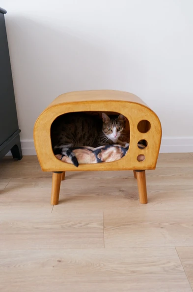 Kedi Evi Dekoratif Ahşap New TV Kedi Evi