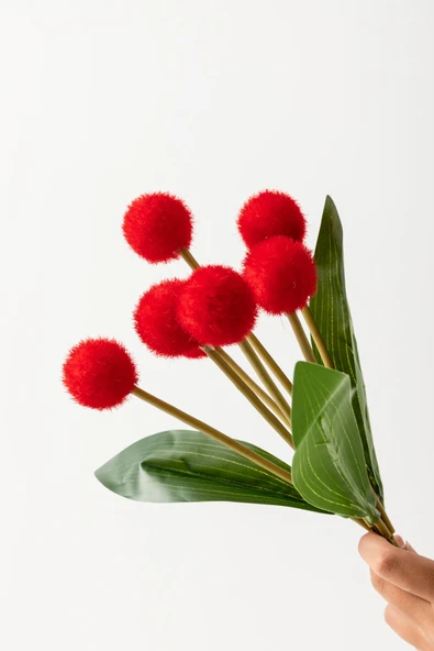 Güleç Yapay Çiçek Yapay Ponpon Çiçeği Kırmızı 35 Cm 7 Dal - Resim 4