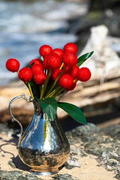 Güleç Yapay Çiçek Yapay Ponpon Çiçeği Kırmızı 35 Cm 7 Dal - Resim 2