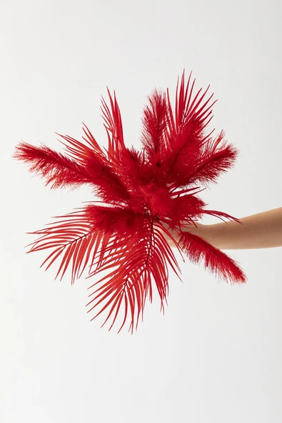 Güleç Yapay Çiçek Yapay Tüylü Palmiye Yaprağı 75 Cm 8 Dal Kırmızı - Resim 5