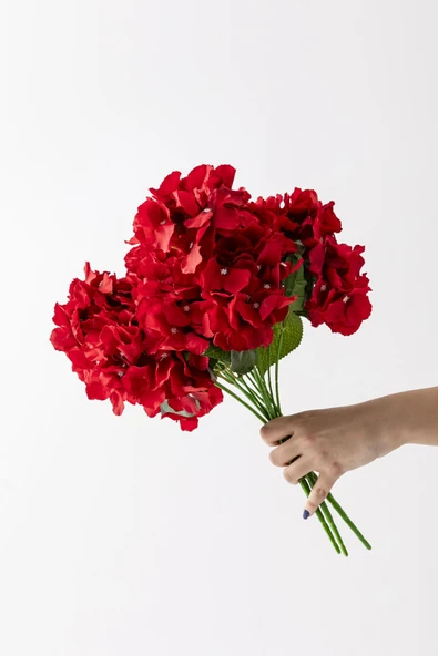 Güleç Yapay Çiçek Yapay Ortanca Çiçeği Kırmızı 45 Cm 7 Dal - Resim 5