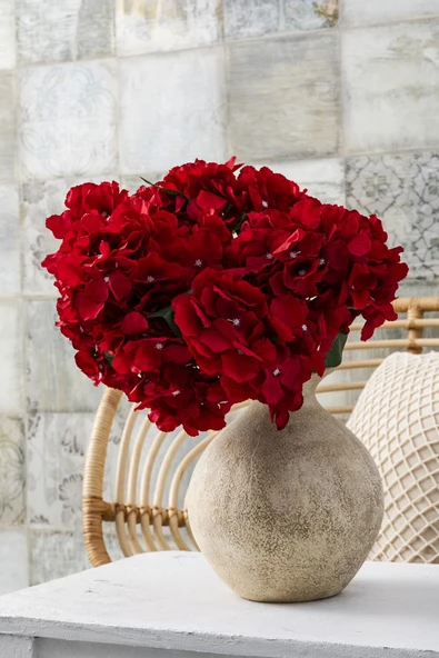 Güleç Yapay Çiçek Yapay Ortanca Çiçeği Kırmızı 45 Cm 7 Dal - Resim 2