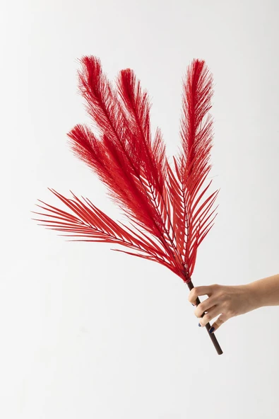 Güleç Yapay Çiçek Yapay Tüylü Palmiye Yaprağı 75 Cm 8 Dal Kırmızı - Resim 3