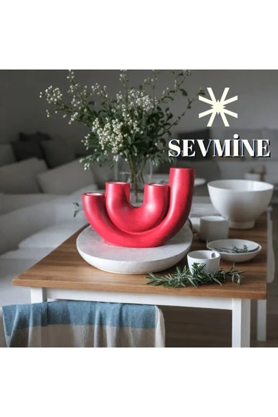 SEVMİNE Bohem Iskandinav Kırmızı Beton Dörtlü Mumluk | Hediyelik El Yapımı Modern Dekoratif Aksesuar