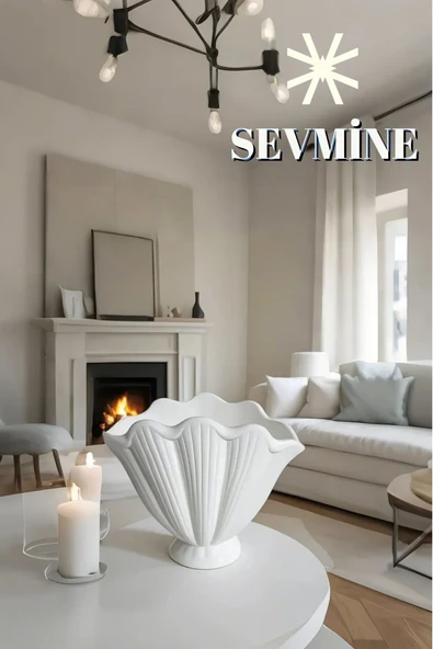SEVMİNE Beyaz 16 Cm Beton Istiridye Vazo - El Yapımı, Bohem & Iskandinav Tarz, Hediyelik Dekoratif Obje