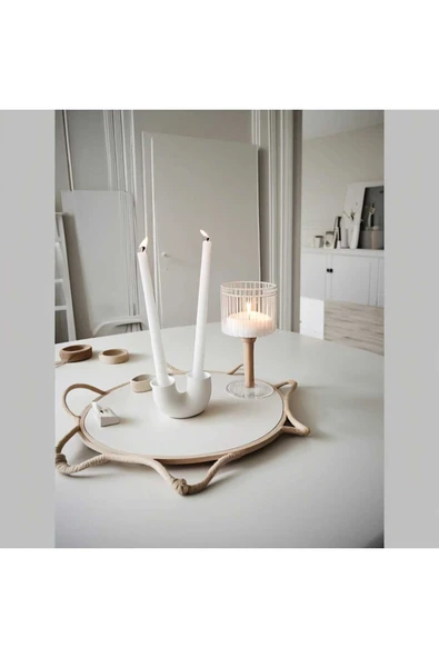 SEVMİNE Bohem Iskandinav Beyaz Ahşap Mumluk Zarif Trend Hediyelik Dekor - Resim 2