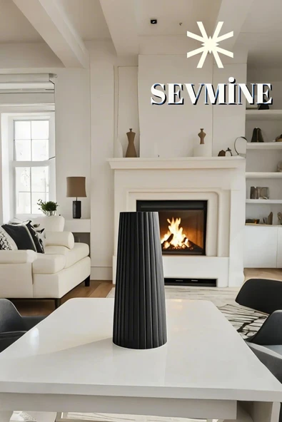 SEVMİNE İskandinav Tarzı Bohem Çizgili Siyah Beton Vazo – 18 cm Dekoratif Aksesuar - 3