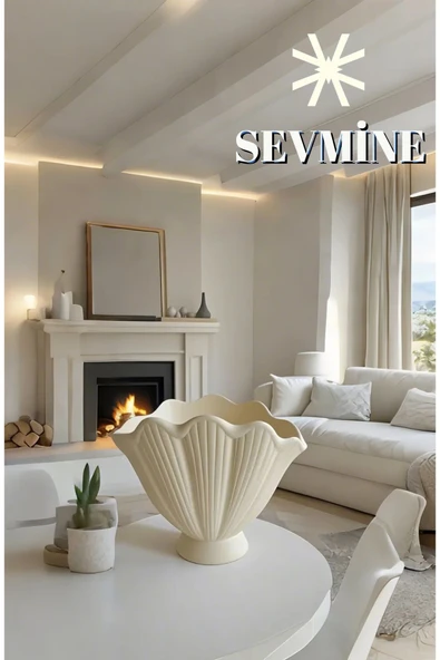 SEVMİNE Krem 16 Cm Renk Beton Istiridye Vazo | El Yapımı Dekoratif Çiçeklik | Modern Şık Tasarım