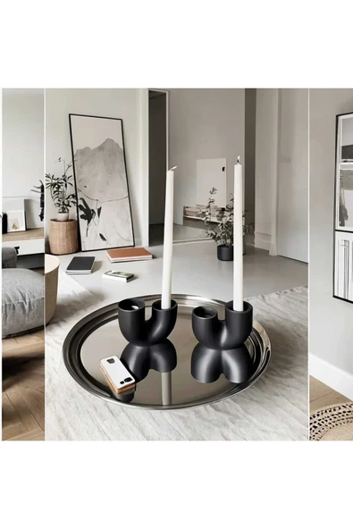 SEVMİNE Bohem Iskandinav 2'li Siyah Ahşap Mumluk Zarif Trend Hediyelik Dekor - Resim 2