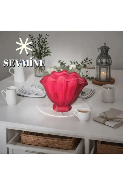 SEVMİNE Kan Kırmızı 16 Cm Modern Trend Istiridye Vazo - Mekanlarınıza Zarif Bir Dokunuş - Resim 3