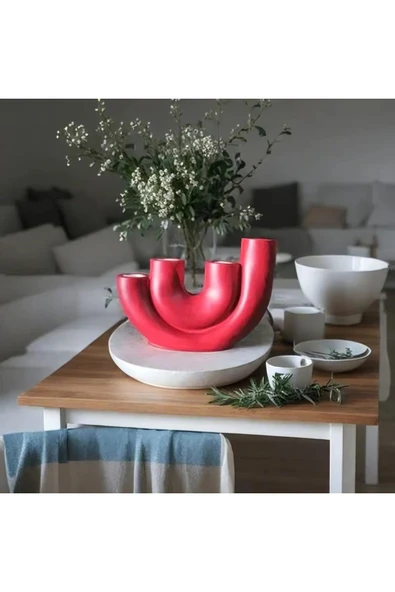 SEVMİNE Bohem Iskandinav Kırmızı Beton Dörtlü Mumluk | Hediyelik El Yapımı Modern Dekoratif Aksesuar - 3