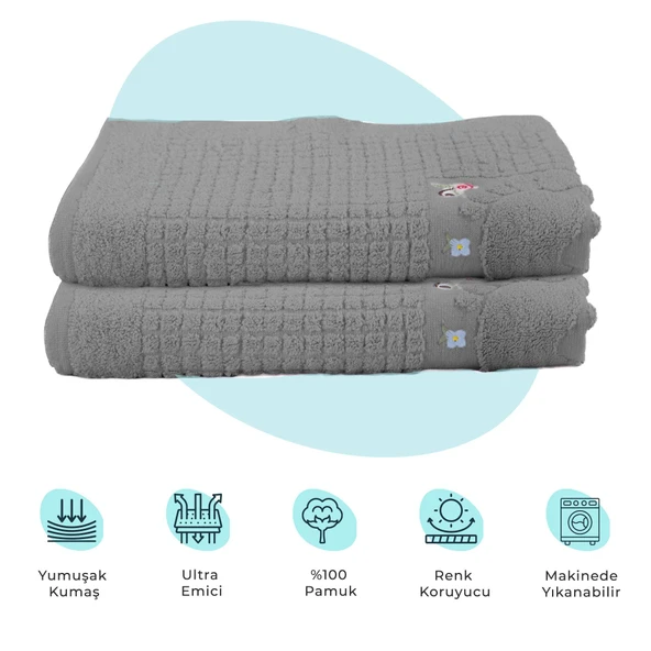 Homedius Banyo Çiçekli Pamuklu Ayak Havlusu 50x70cm Antrasit 2'li