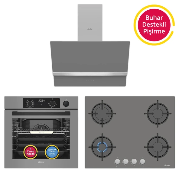 Simfer 11 Fonksiyon Steam Master Gri 3'lü Ankastre Set (8246 Fırın - 3656 Ocak - 8740 Davlumbaz) ürün görseli