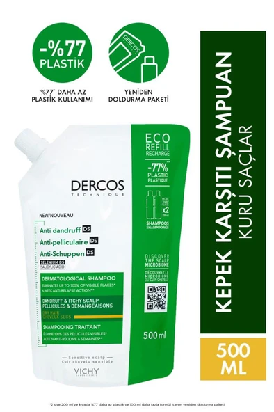 Vichy Dercos Anti-dandruff Kepek Karşıtı Bakım Şampuanı, Kuru Saçlar , Yeniden Dolum Paketi 500 Ml