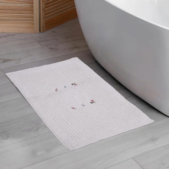 Homedius Banyo Çiçekli Pamuklu Ayak Havlusu 50x70cm Beyaz 2'li - 2