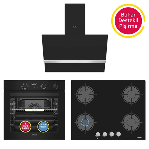 Simfer 11 Fonksiyon Steam Master Siyah 3'lü Ankastre Set (8244 Fırın - 3653 Ocak - 8738 Davlumbaz)