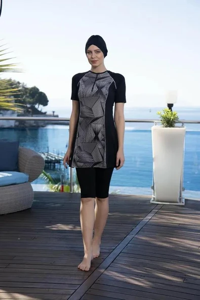 Estiva 24823 Siyah Yarı Kapalı Kısa Kol Havuz Tesettür Mayo - Resim 7