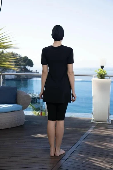 Estiva 24823 Siyah Yarı Kapalı Kısa Kol Havuz Tesettür Mayo - Resim 8