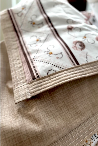 Alla Turca Tek Kişilik Yazlık Uyku Seti | Düz Çarşaflı | Kanaviçe Sütlü Kahve - 5