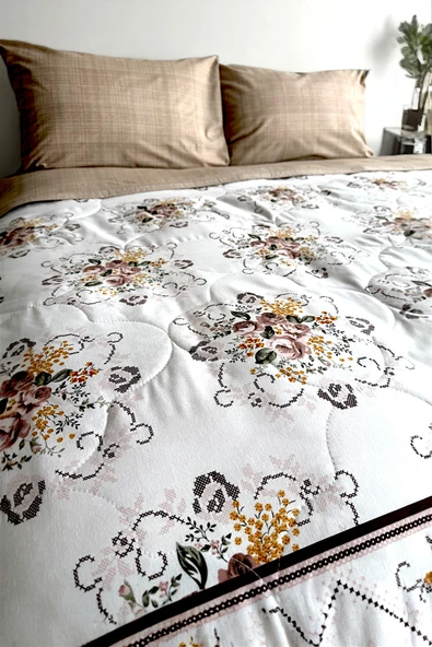 Alla Turca Tek Kişilik Yazlık Uyku Seti | Düz Çarşaflı | Kanaviçe Sütlü Kahve - 4