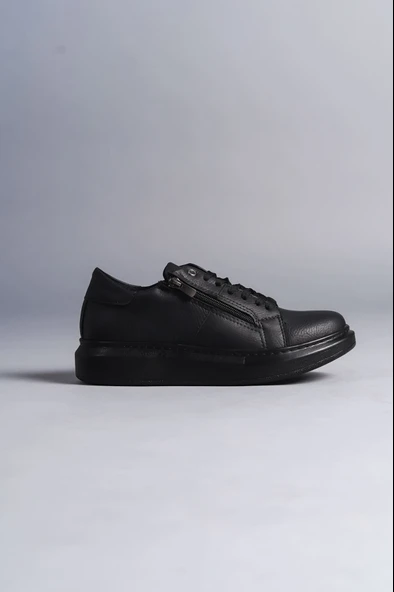 ET155 Warrior Bağcıklı ve Fermuarlı Cilt Erkek Günlük Sneaker Ayakkabı ST - Siyah - Resim 4