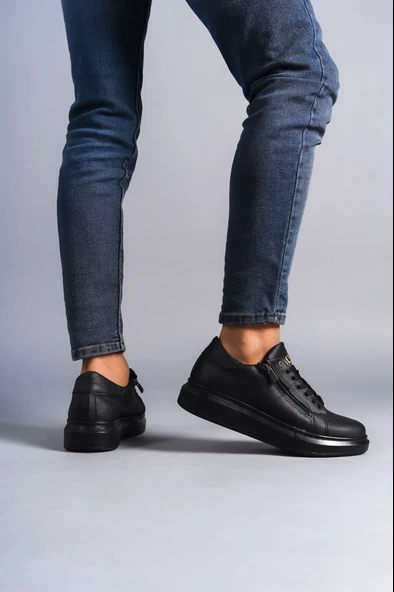 ET155 Warrior Bağcıklı ve Fermuarlı Cilt Erkek Günlük Sneaker Ayakkabı ST - Siyah - Resim 3