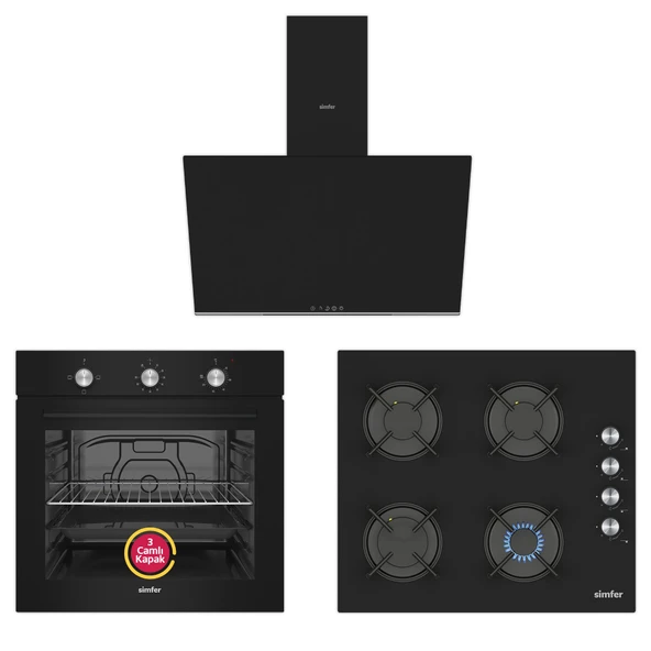 Simfer 4 Fonksiyon Trend Mekanik Siyah Cam 3'lü Ankastre Set (8254 Fırın - 3046 Ocak - 8727 Davlumbaz) - Resim 2