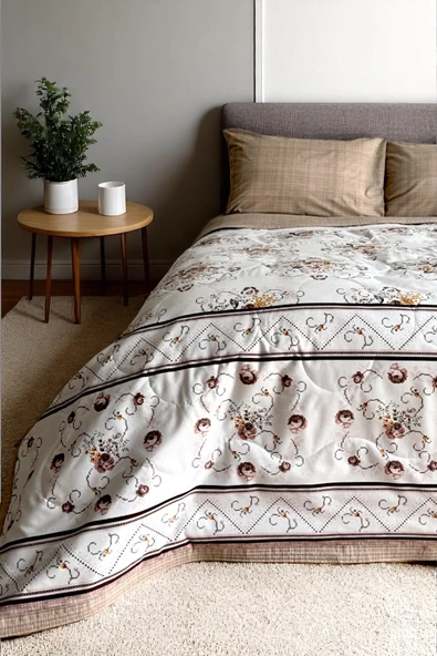 Alla Turca Çift Kişilik Yazlık Uyku Seti | Düz Çarşaflı | Kanaviçe Sütlü Kahve - 2