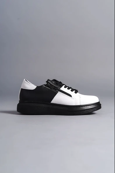 ET155 Warrior Bağcıklı ve Fermuarlı Cilt Erkek Günlük Sneaker Ayakkabı ST - Siyah/Beyaz - Resim 4