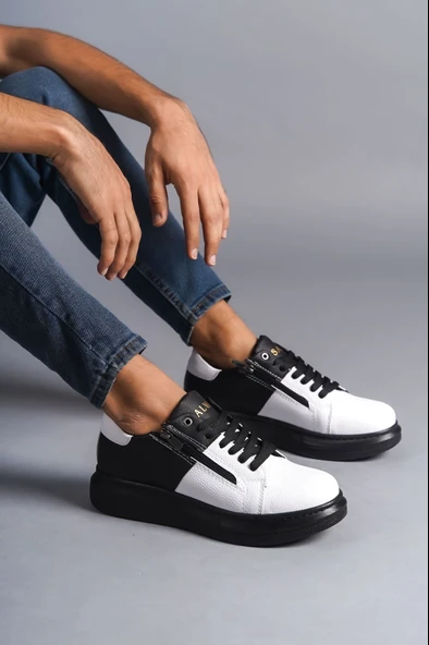 ET155 Warrior Bağcıklı ve Fermuarlı Cilt Erkek Günlük Sneaker Ayakkabı ST - Siyah/Beyaz