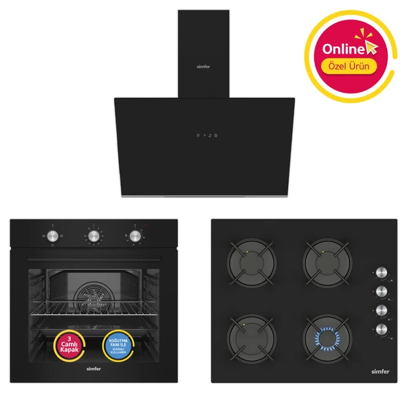 Simfer 4 Fonksiyon Trend Mekanik Siyah Cam 3'lü Ankastre Set ( Fırın -  Ocak -  Davlumbaz) ürün görseli 1