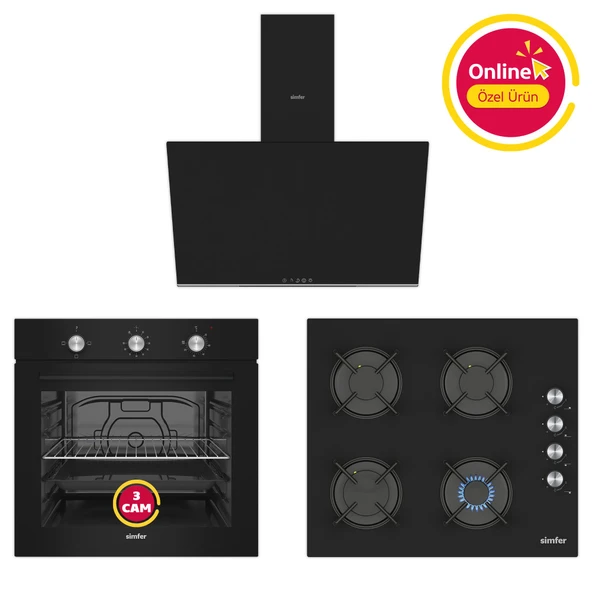 Simfer 4 Fonksiyon Trend Mekanik Siyah Cam 3'lü Ankastre Set (8254 Fırın - 3046 Ocak - 8727 Davlumbaz) ürün görseli
