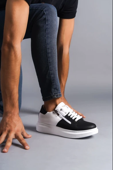 ET155 Warrior Bağcıklı ve Fermuarlı Cilt Erkek Günlük Sneaker Ayakkabı BT - Beyaz/Siyah - Resim 2