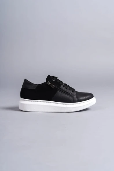 ET155 Warrior Bağcıklı ve Fermuarlı Cilt Süet Erkek Günlük Sneaker Ayakkabı BT - Siyah - Resim 4